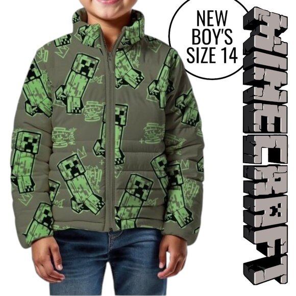 NEW Minecraft Boys Creeper Zip Puffer Jacket Lightweight Size 14 Zippered Size: - Picture 2 of 16